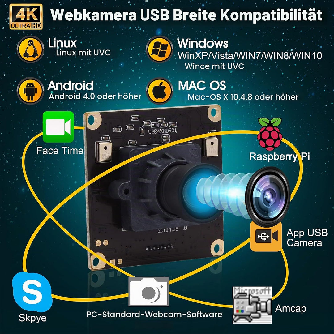 ELP 4K Ultra HD Webcam Unterstützung 3840x2160@30fps mit No-Distortion Objektiv, IMX317 Sensor PC We