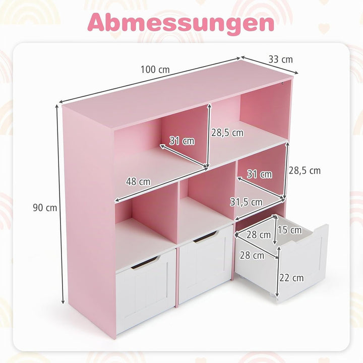 COSTWAY Kinderregal mit Boxen auf Rollen, Bücherregal Kinder mit 5 Fächern &amp; 3 Schubladen, Spielzeug