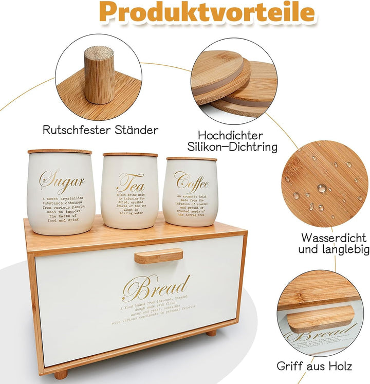 Brotkasten aus Bambus mit 3 Vorratsdosen aus Eisen – Küchen-Aufbewahrungsset mit „Sugar“, „Tea“, „Co