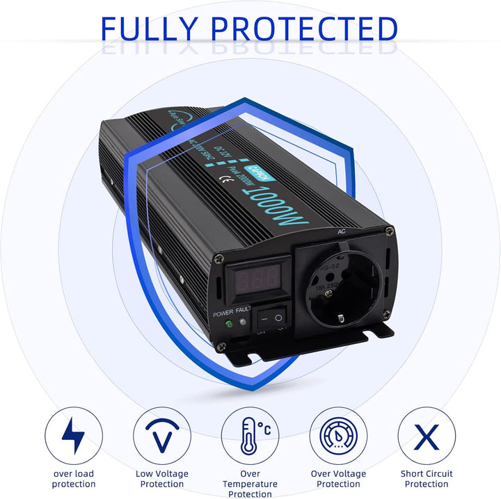 CAPTOK Spannungswandler 1000W/2000W Reiner Sinus KFZ Wechselrichter DC 12V auf AC 230V EU-Steckdose