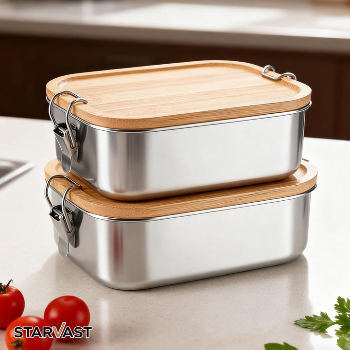 STARVAST 2 Stück Lunchbox für Erwachsene Kinder, Edelstahl Brotdose mit Fächern Holzdeckel,BPA-frei