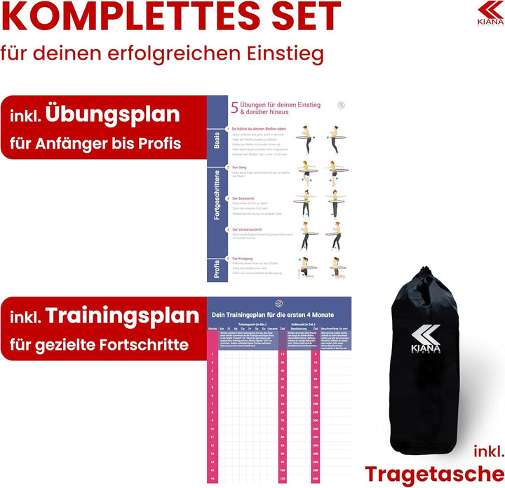 KIANA SPORTS® Hula Hoop Reifen Erwachsene inkl. Tasche und Übungsplan [1,2 kg] - Stabiler Hoola Hoop