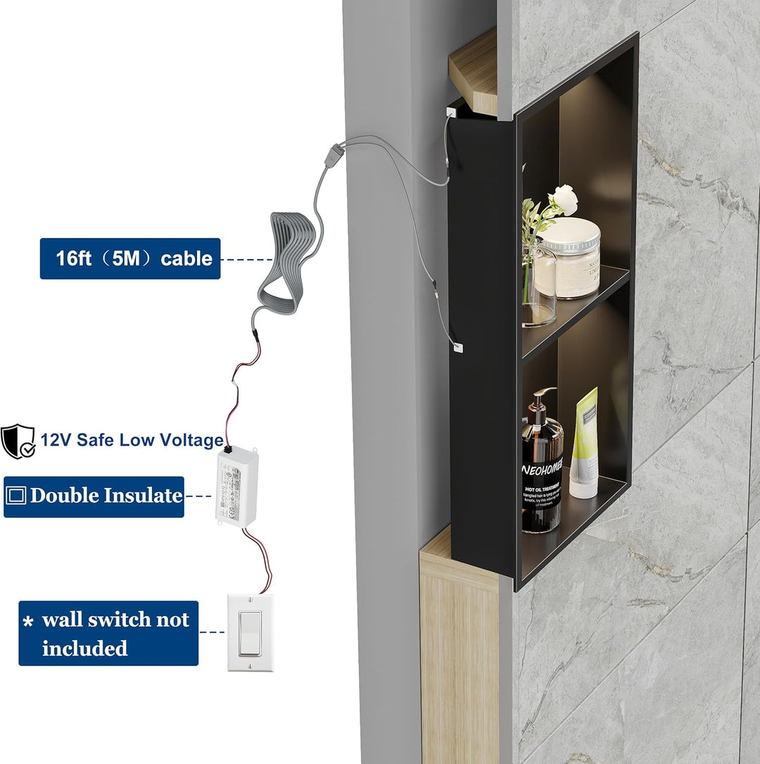 Wandnische Dusche Edelstahl mit LED-Licht, Duschnische Schwarz mit Regal Doppelnische Lagerung für B