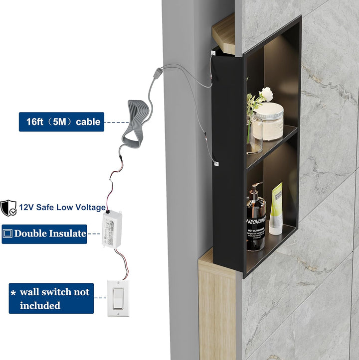 Wandnische Dusche Edelstahl mit LED-Licht, Duschnische Schwarz mit Regal Doppelnische Lagerung für B