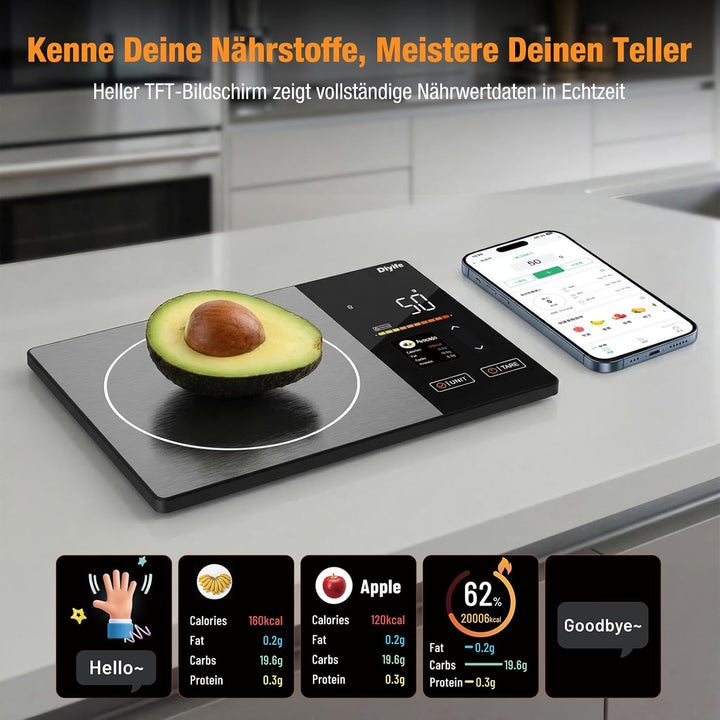 Diyife Smart Küchenwaage mit Kalorienzähler, Farbigem TFT-Display Lebensmittelwaage, APP-Kompatibel