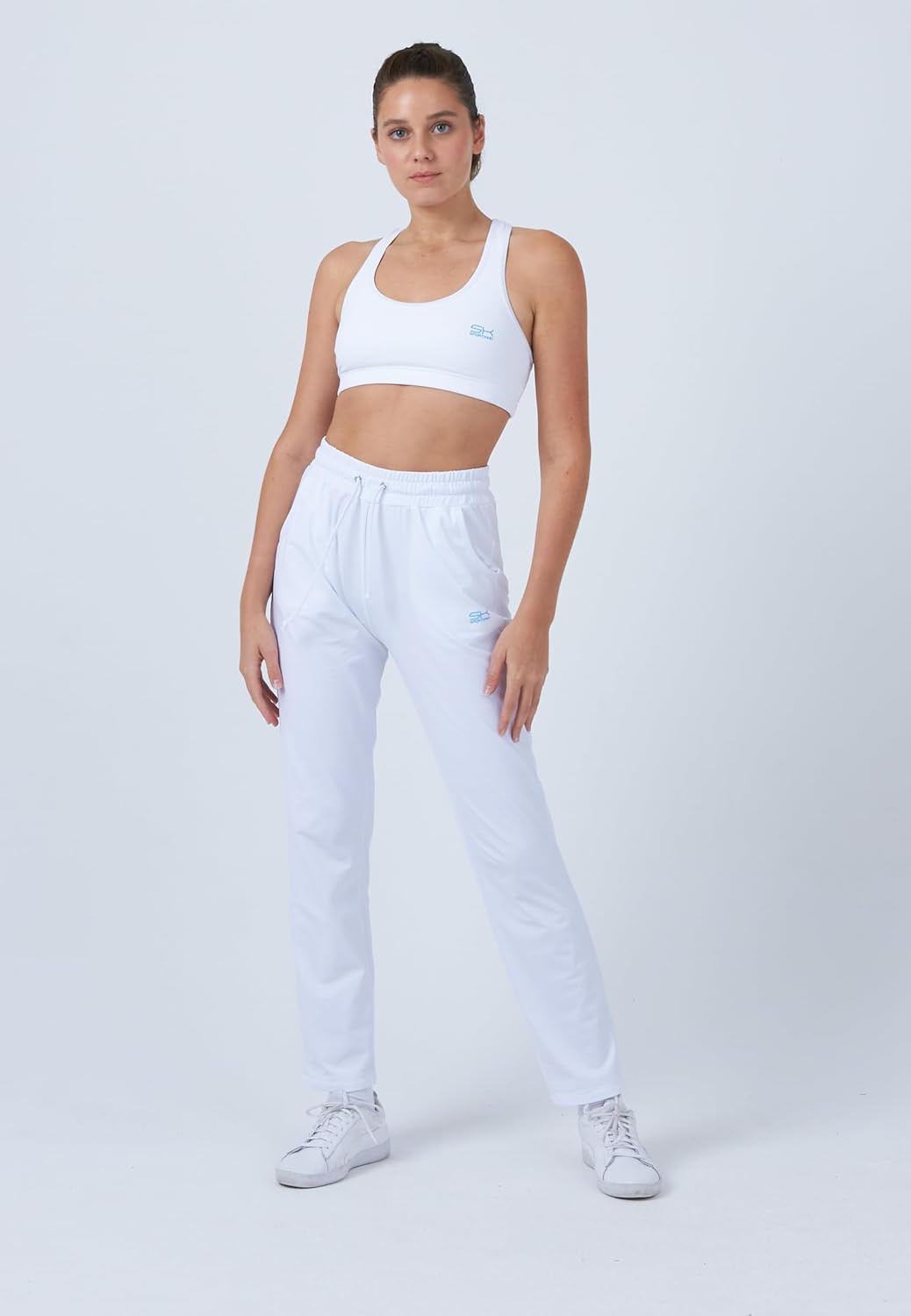 Sportkind Mädchen &amp; Damen Tennis, Fitness, Sport Trainingshose lang mit Taschen, atmungsaktiv L Weis