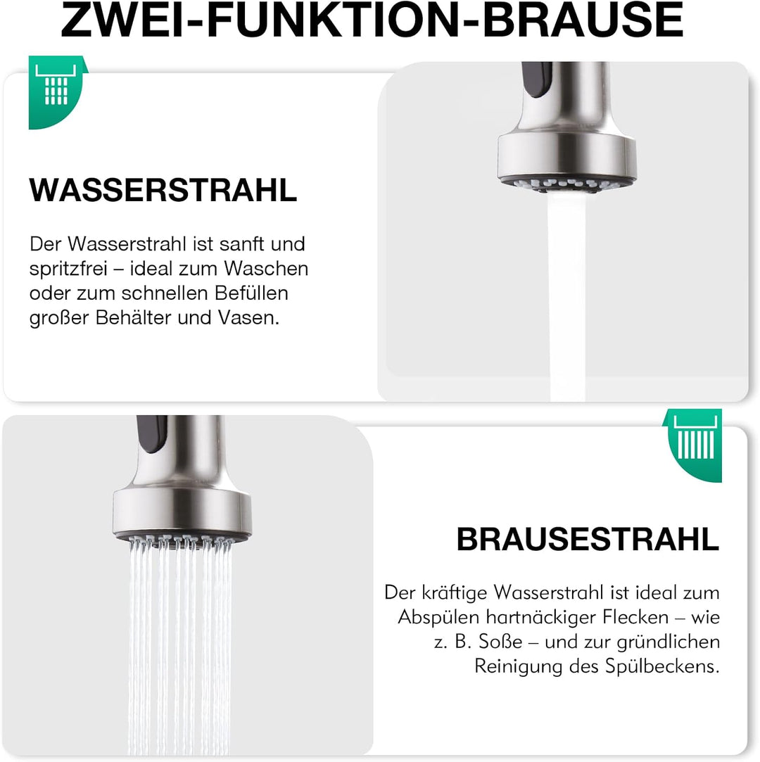 CREA 3 Wege Spiralfeder Küchenarmatur, Trinkwasserhahn Küche mit Brause ausziehbar, Wasserhahn Armat