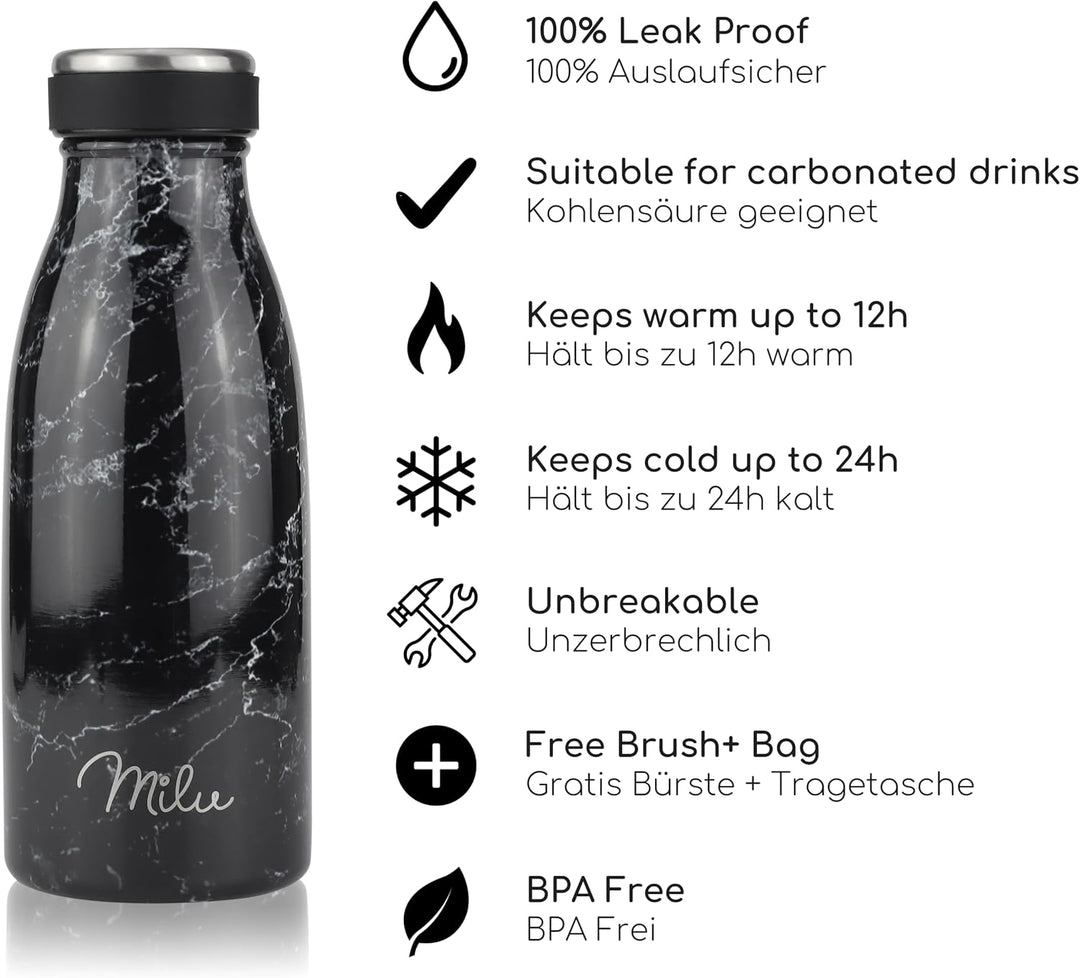 Milu Edelstahl Trinkflasche 350ml, 500ml, 750ml, 1L, 1,5L – Thermosflasche für Kinder Erwachsene aus