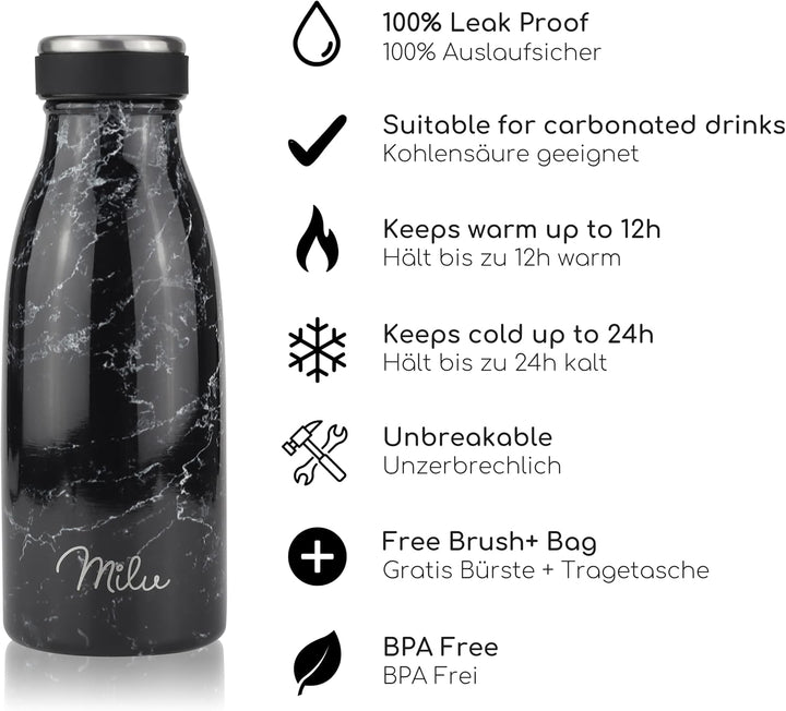 Milu Edelstahl Trinkflasche 350ml, 500ml, 750ml, 1L, 1,5L – Thermosflasche für Kinder Erwachsene aus