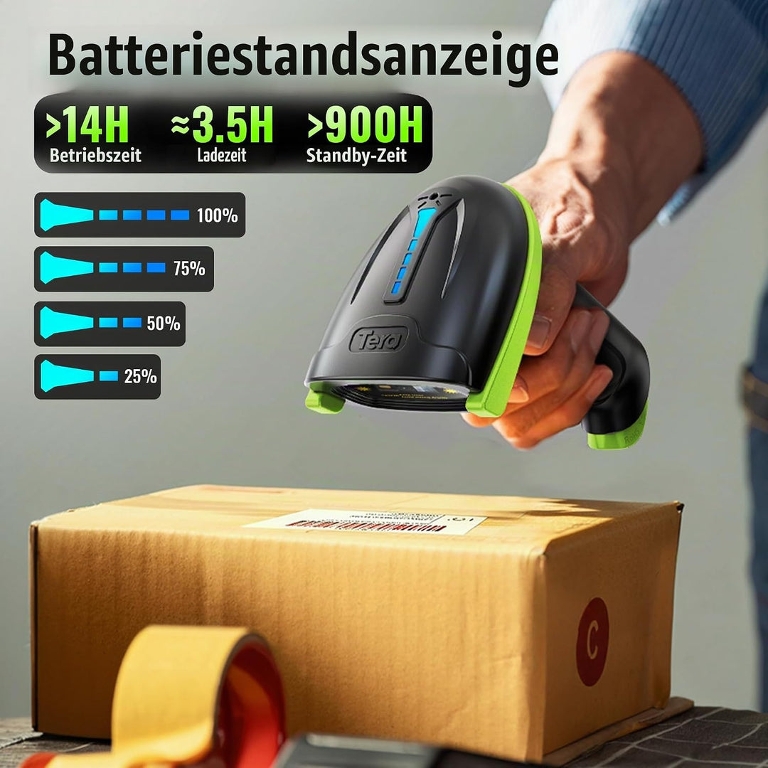 Tera Kabelloser Barcodescanner Handheld 1D Laser Wireless und USB Wired mit Akkustandsanzeige, Extra