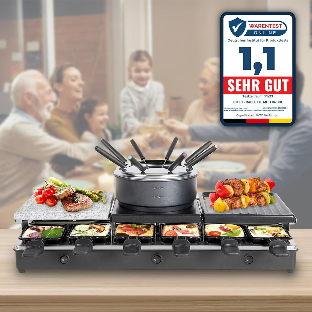 LUTEO Raclette Fondue Kombi 12 Personen Gross - Raclette Grill mit Grillplatte und Heisser Stein - E