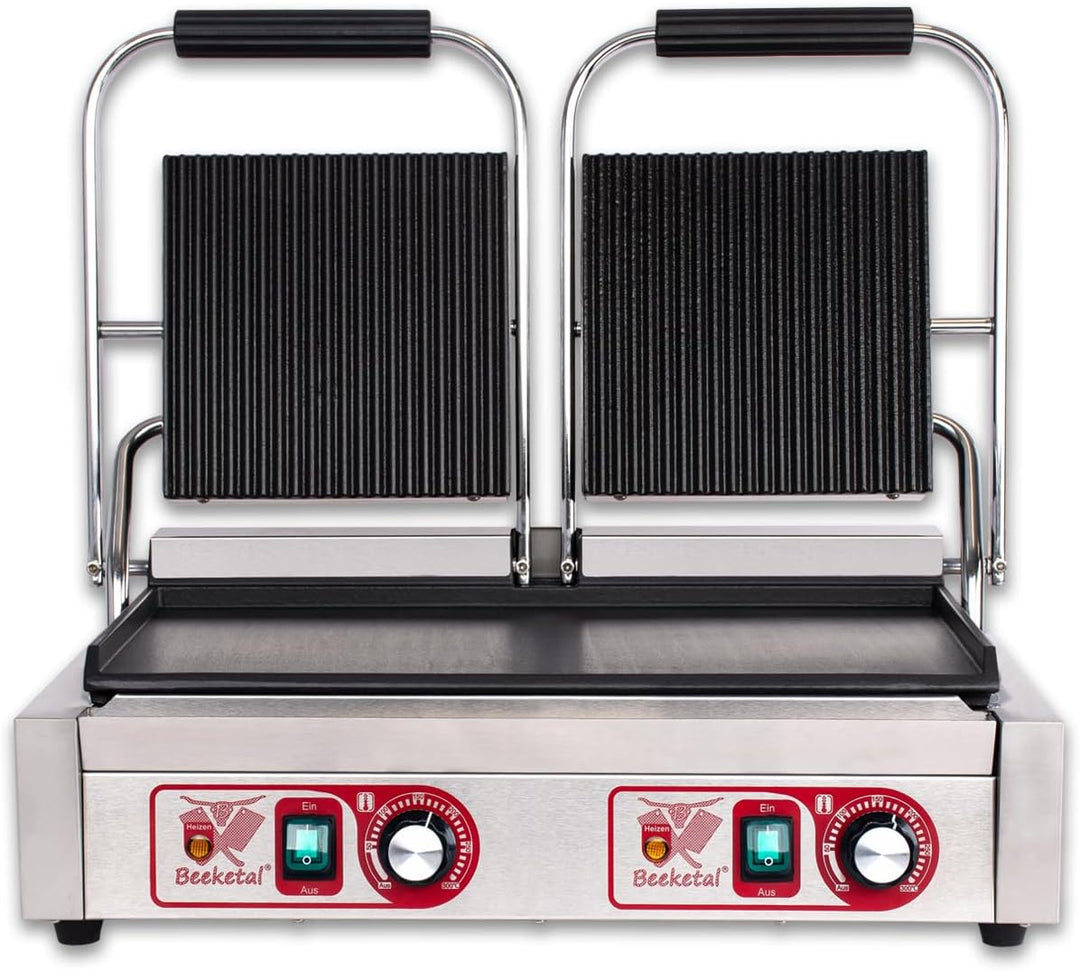 Beeketal 'BKG8' Gastro Doppelt Kontaktgrill mit Gusseisen Grillpatten (oben gerillt unten glatt) mit