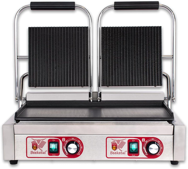 Beeketal 'BKG8' Gastro Doppelt Kontaktgrill mit Gusseisen Grillpatten (oben gerillt unten glatt) mit
