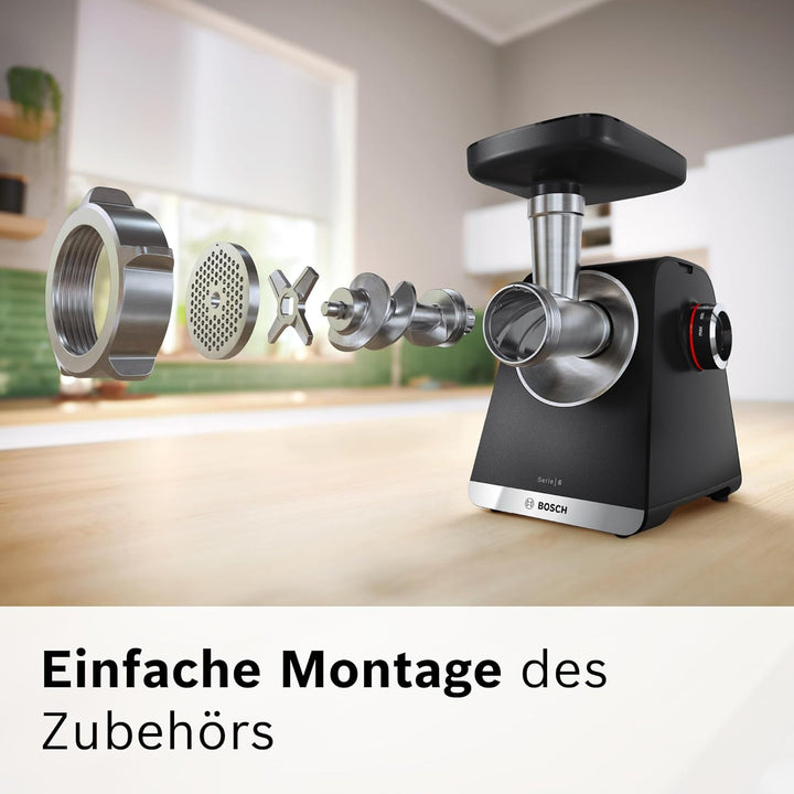 Bosch MultiPower Serie 6 Fleischwolf MFWS682B, Reibe-, Kebbe- und Wurst-Aufsatz, Entsafter, Gebäck-A