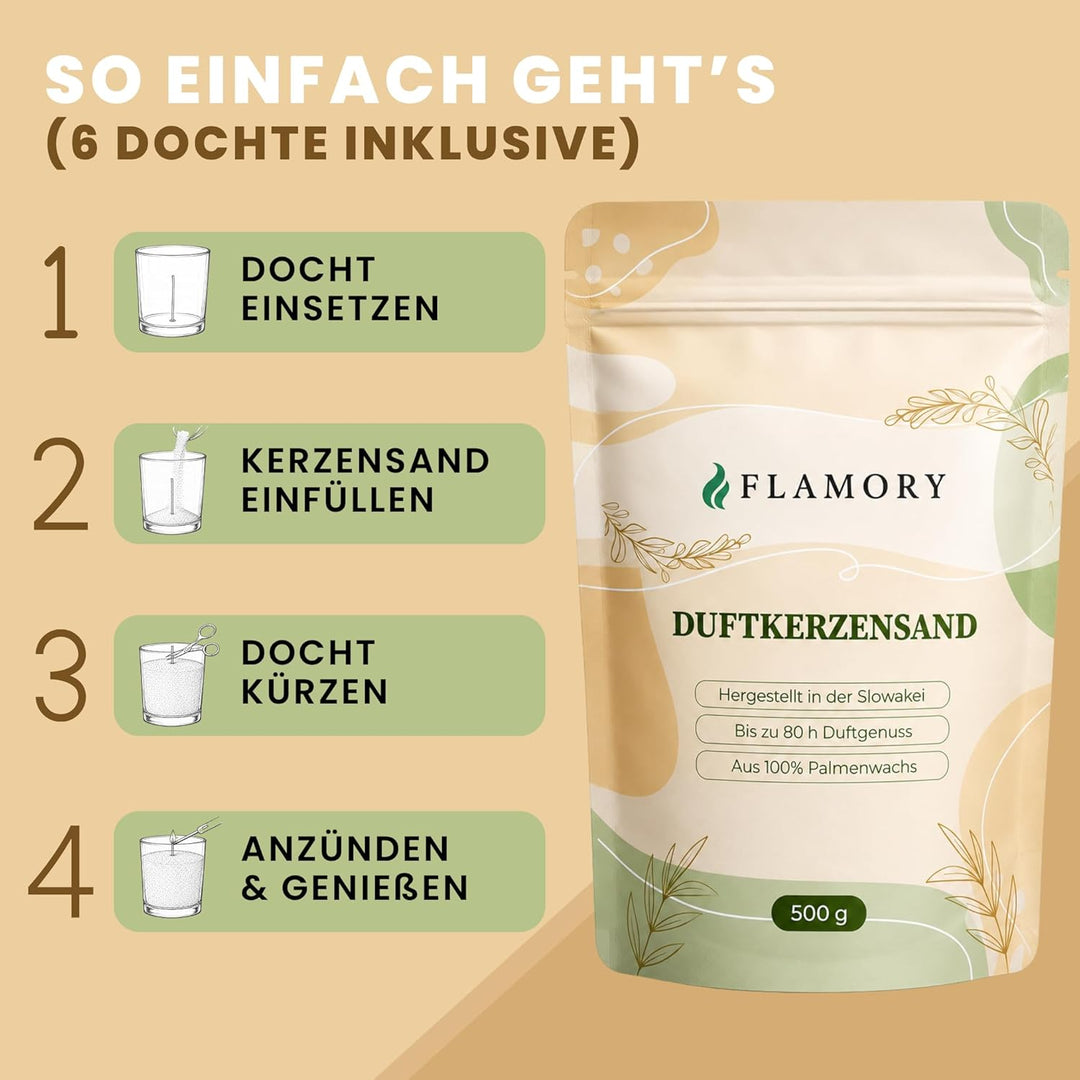 Duftkerzensand 500 g – Sauberer Kerzensand inkl. 5 Dochte – Einfache Anwendung – Bis zu 80 Std. Bren
