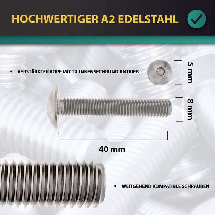 PARCO Linsenkopfschrauben mit Innensechskant für Zaunbau -Zaunbauschrauben - Edelstahl A2 8,0 x 40 m