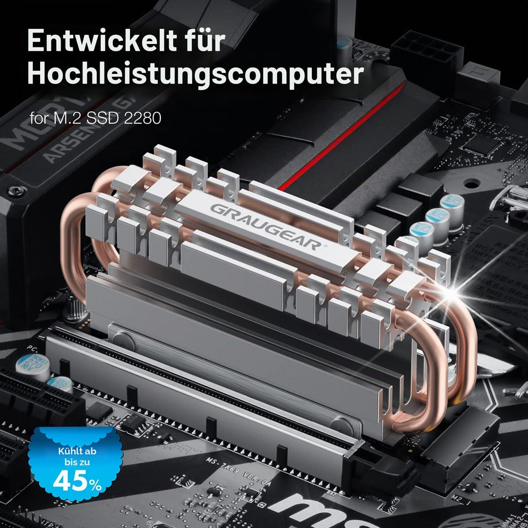 GRAUGEAR M.2 2280 NVMe SATA SSD Kühlkörper, Direct Touch Heatpipe, Dual-Kupfer-Heizrohre, Aluminiuml