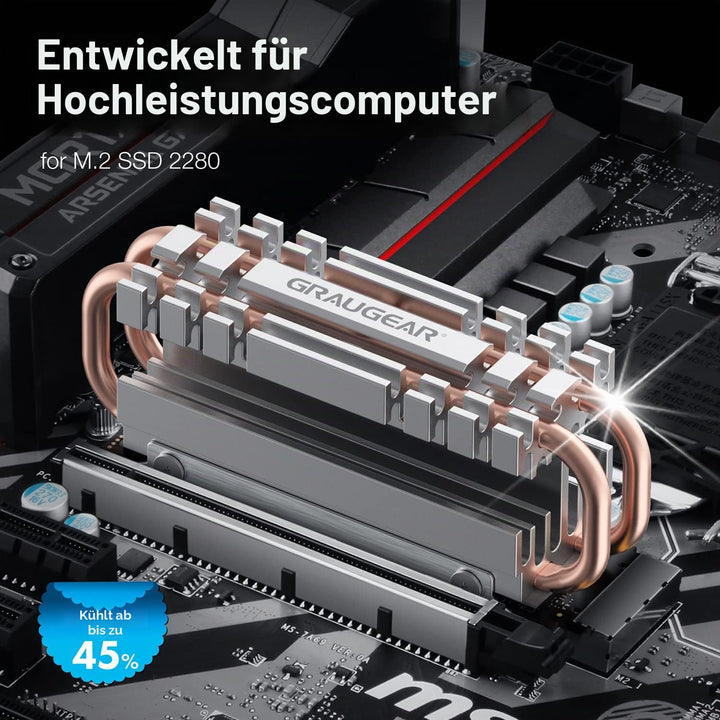 GRAUGEAR M.2 2280 NVMe SATA SSD Kühlkörper, Direct Touch Heatpipe, Dual-Kupfer-Heizrohre, Aluminiuml