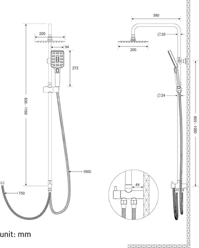 Rainsworth Duschsystem ohne Armatur Chrom - 20 * 20cm Quadratisch Regendusch Dusche Set, Duschgarnit