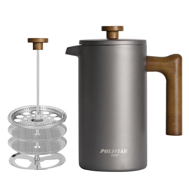 Poliviar French Press Kaffeebereiter 1 Liter/8 Tassen, Doppelwandige Isolierte Kaffeekanne und Teebe