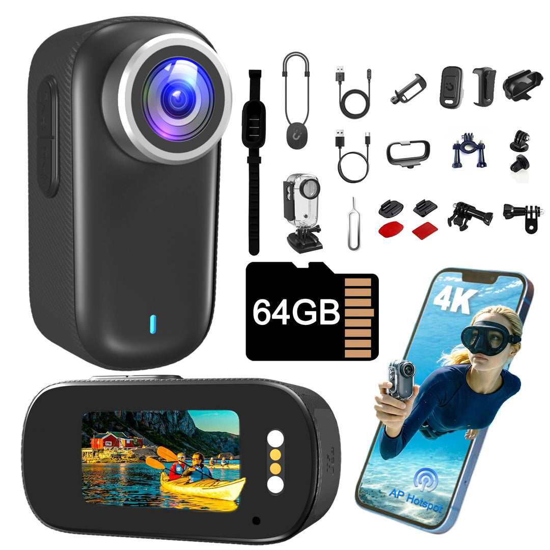 Bextgoo Bodycam, Body Cam WiFi, Action Cam 4K mit 64GB Speicherkarte, Mini Action Camera mit 1200mAh