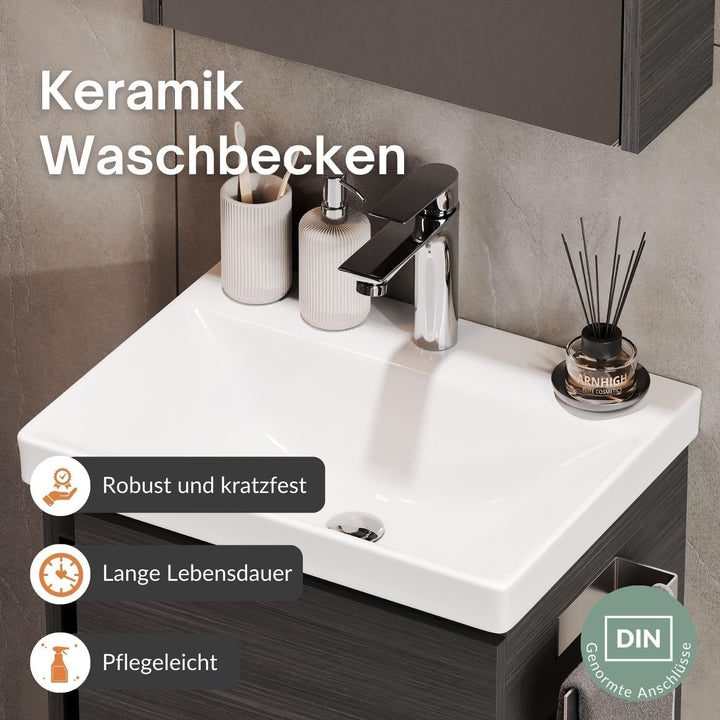 Planetmöbel Waschbeckenunterschrank mit Keramikwaschbecken & Spiegelschrank 50cm in Anthrazit, moder