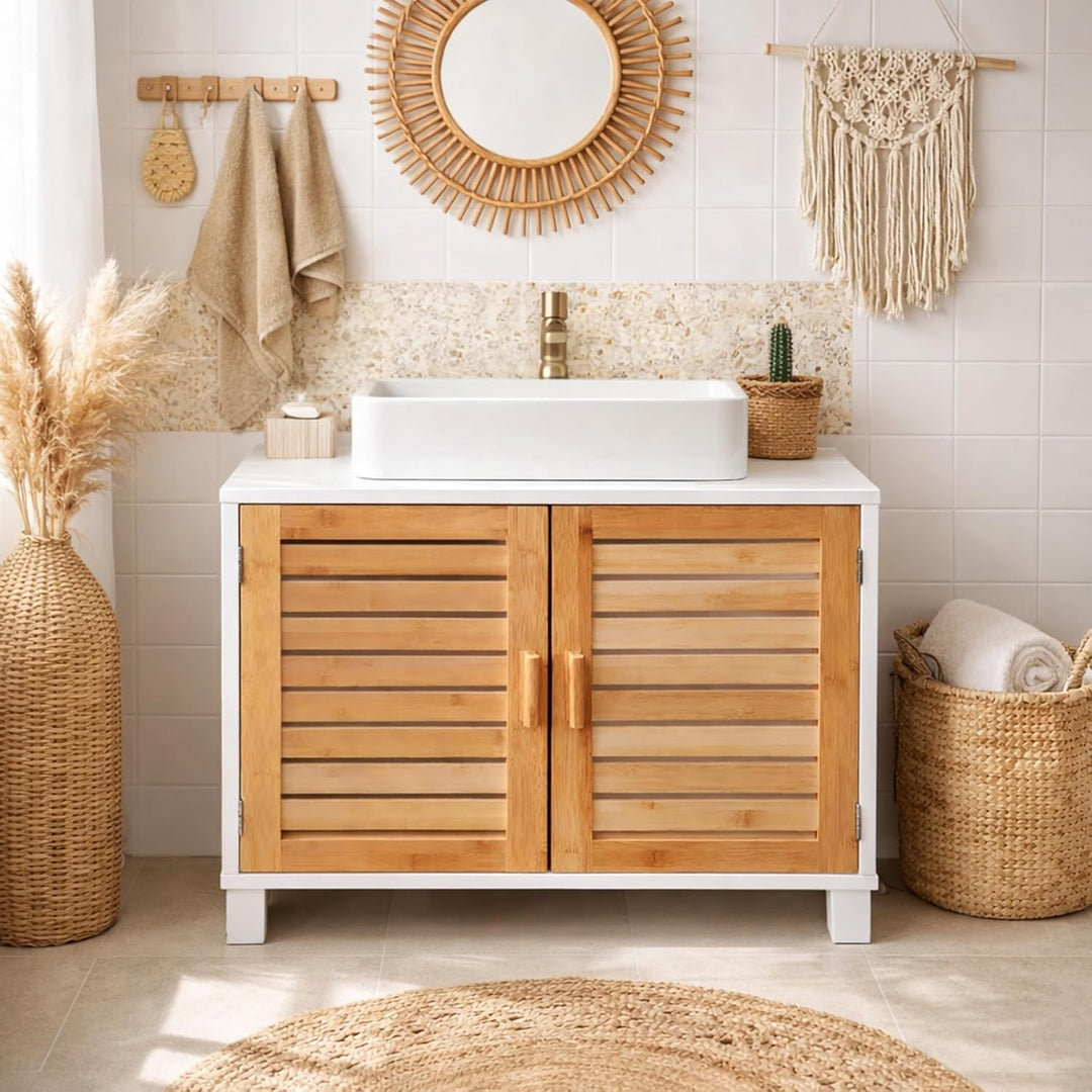 osoltus Bad Waschbecken Unterschrank Kopenhagen Bambus Holz Weiss - Unterschrank für Badezimmer - 60