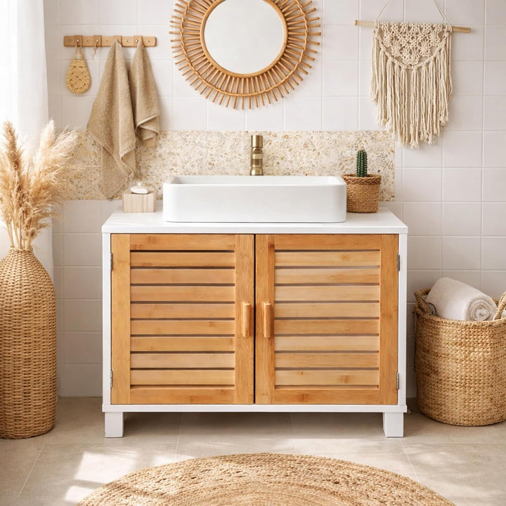 osoltus Bad Waschbecken Unterschrank Kopenhagen Bambus Holz Weiss - Unterschrank für Badezimmer - 60