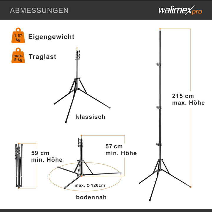 Walimex pro GN-806 Lampenstativ 215cm - klappbares kompaktes Lichtstativ aus Aluminium, Höhe 57-215