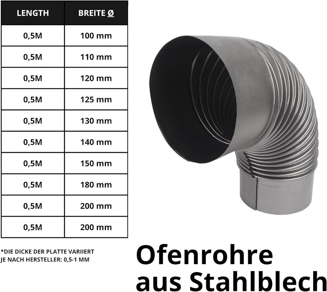 Ofenrohre Rauchrohr für Kaminöfen Ofenknie Kaminrohr Abgasrohr 90° Bogen ∅150mm Metall Komponenten d