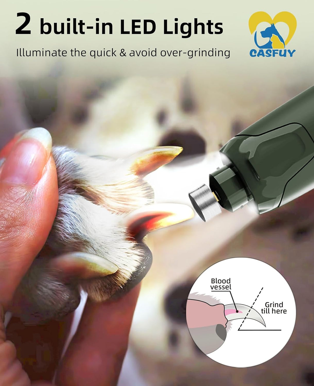 Casfuy Krallenschleifer für Hunde - (45 dB) 6-Gang-Haustier-Krallenschleifer mit 2 LED-Lichtern für
