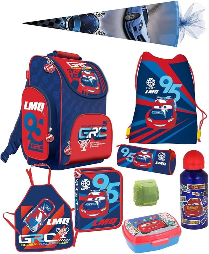 Disney Cars Schulranzen-Set 9tlg. mit Regenschutz, Sporttasche, Federmappe und Schultüte 70cm Blau K