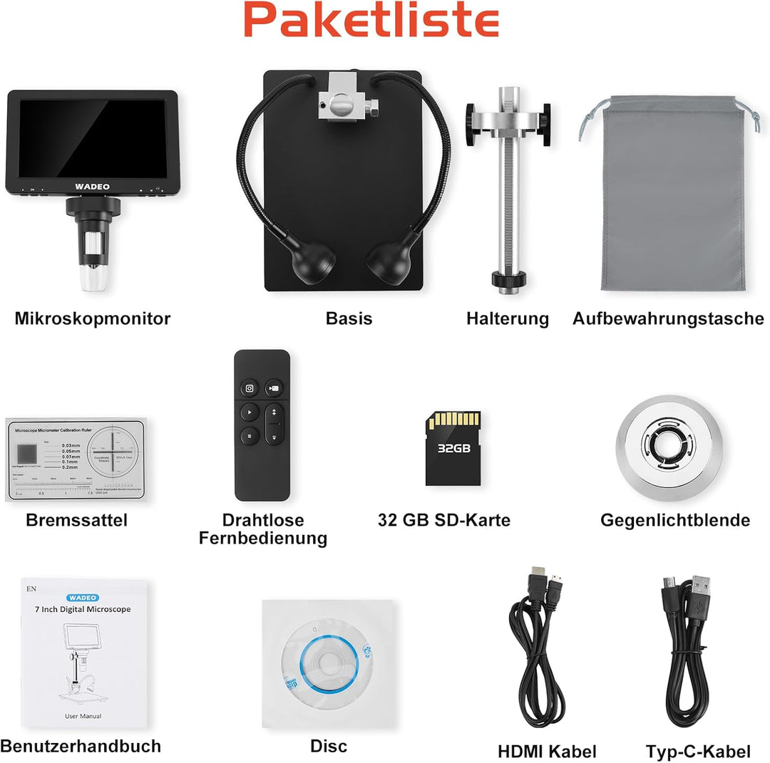 WADEO 7" LCD Digitalmikroskop 1200X, 1080P HDMI Videomikroskop mit Metallständer, LED Fülllichter, U