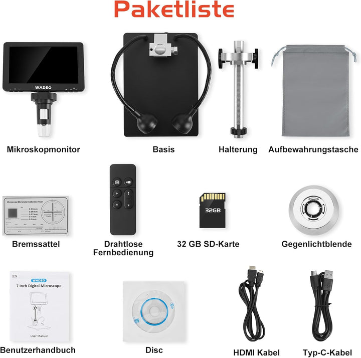 WADEO 7" LCD Digitalmikroskop 1200X, 1080P HDMI Videomikroskop mit Metallständer, LED Fülllichter, U