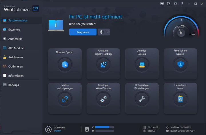 WinOptimizer 27 - 3 USER Lizenz - Tuning für Windows 11 10 7 - unbegrenzte Laufzeit - Sicher, Sauber