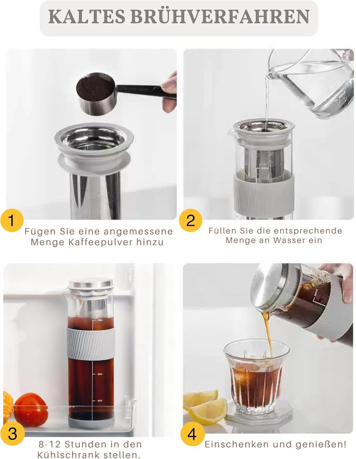 JanYoo Cold Brew Kaffeebereiter 800ml, Cold Brew Coffee Maker mit 304 Edelstahlfilter, Brühglas Kara