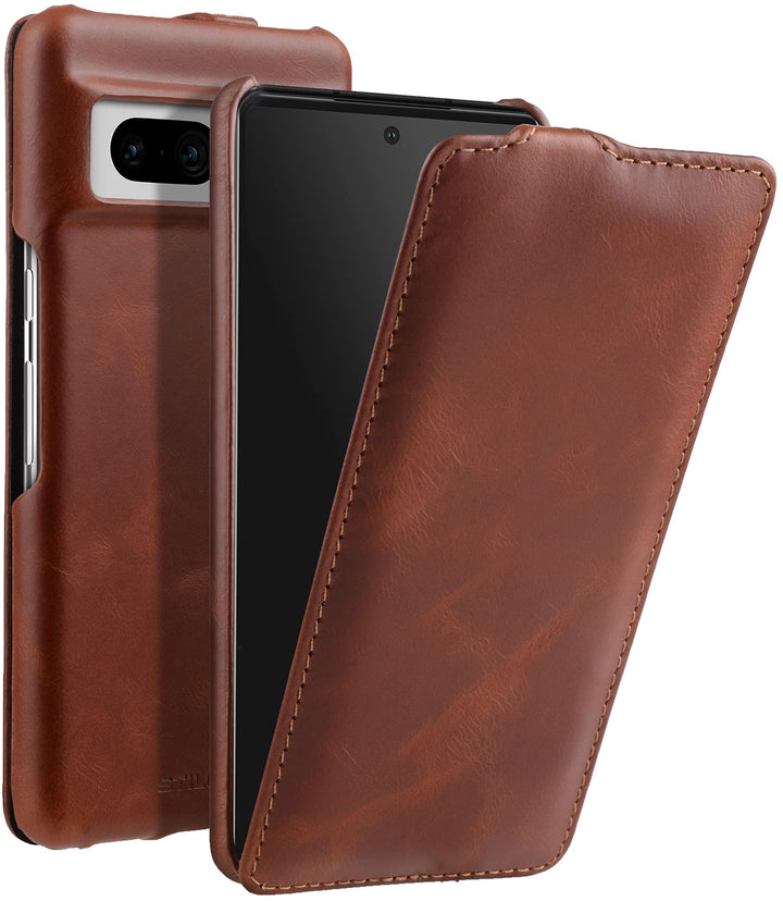 STILGUT UltraSlim kompatibel mit Google Pixel 7 Hülle - Pixel 7 Flip Case aus Leder, Klapphülle, Han