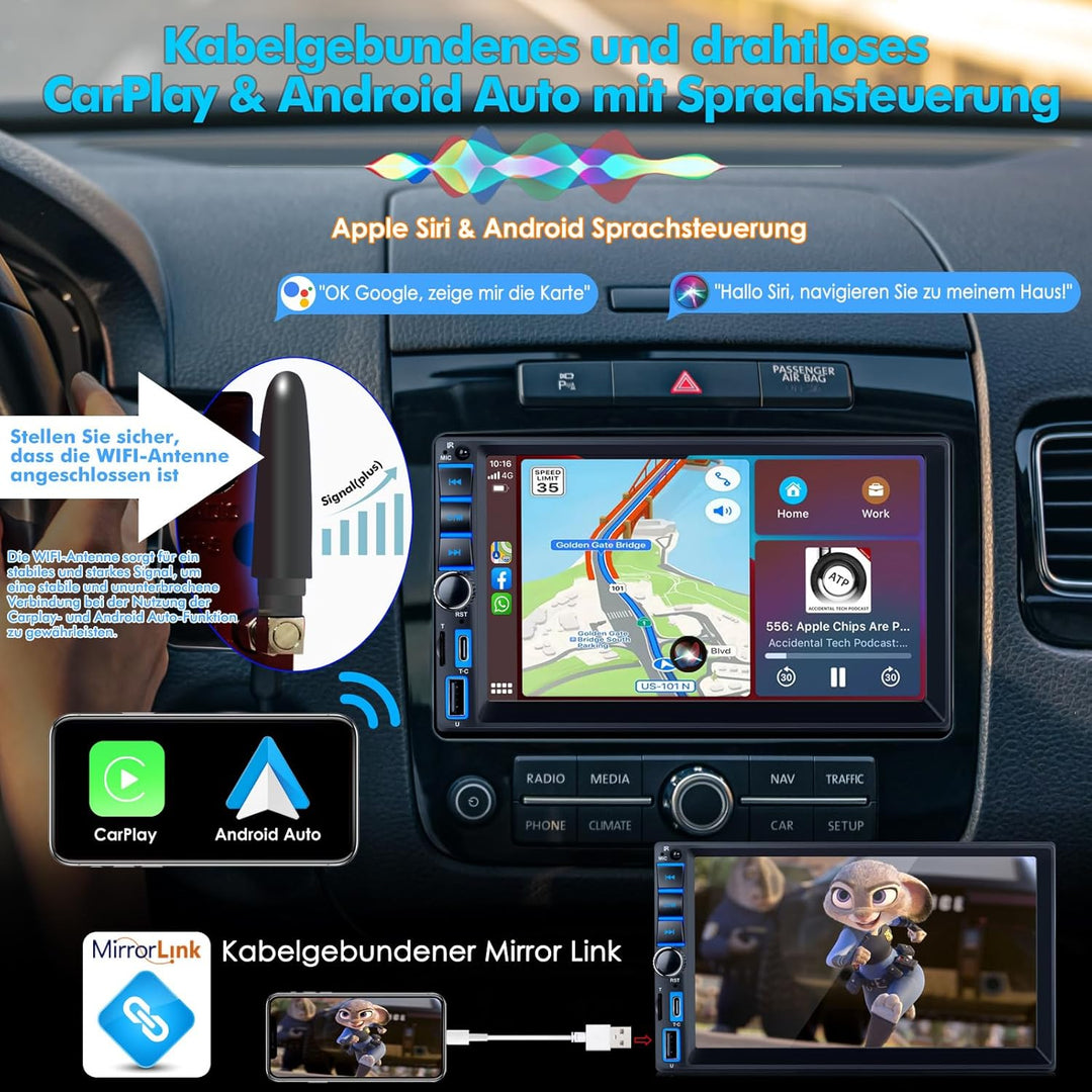 2 Din Autoradio mit Wireless Carplay &amp; Android Auto, Autoradio Bluetooth mit Bildschirm Touchscreen,