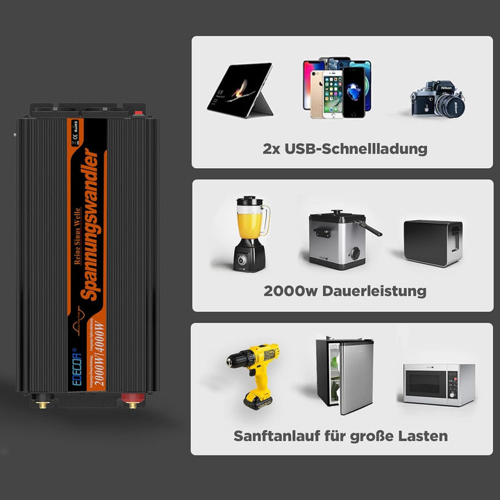 EDECOA Wechselrichter 24v 230v 2000w Reiner Sinus Spannungswandler mit ECO-Modus LCD-Bildschirm 2X U