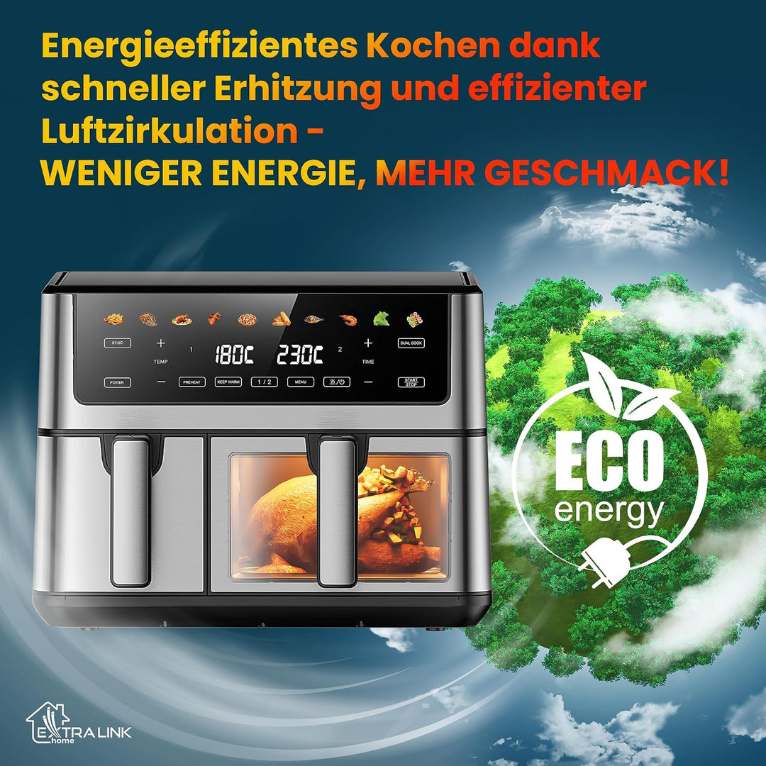 Extralink Heissluftfritteuse 2 Kammern 10L (6L+3.5L) – 2500W Doppelkammer Airfryer mit 8 Kochprogram