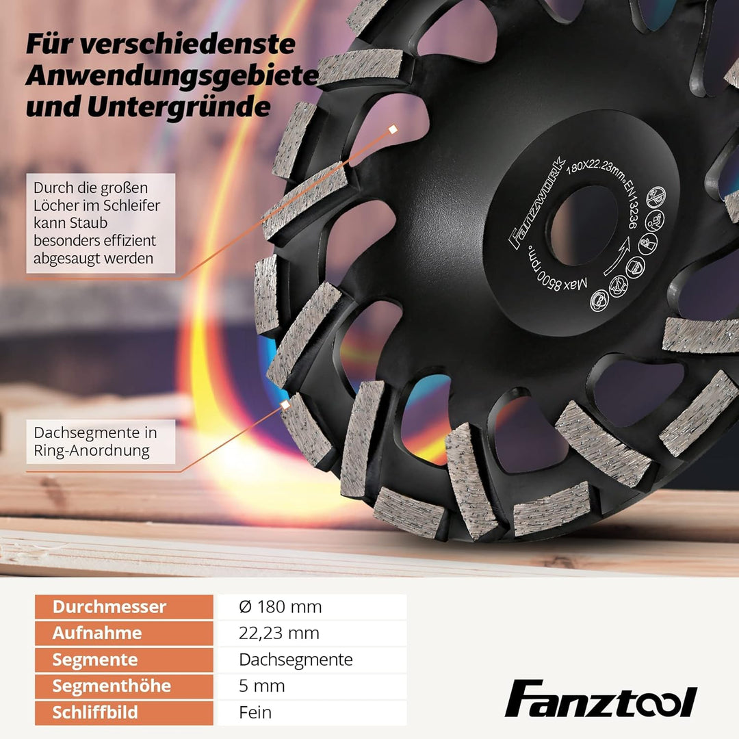 FANZTOOL Premium Diamant Schleiftopf Abrasiv 180 mm x 22,2 mm Schleifteller für abrasive Baustoffe,