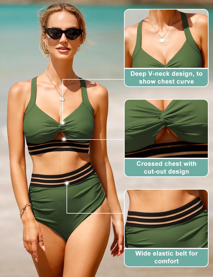UMIPUBO Bikini Damen Bauchweg High Waist Push Up Bikini Sets Zurück kreuzen Grosse Brüste Bademode S