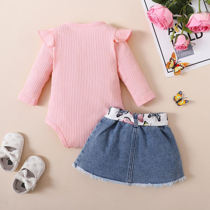 Vestiti Set per Neonata Manica Corta/Lunga Stampa a Lettere Tutina a Coste +Gonna in Denim Abbigliam