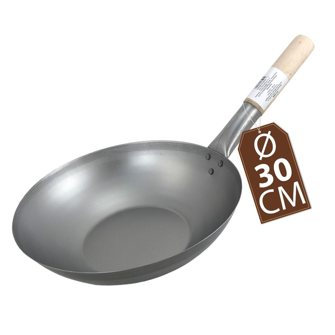 JADE TEMPLE Wok aus Carbonstahl, mit flachem Boden und 30 cm Durchmesser, mit rundem Holzgriff Durch