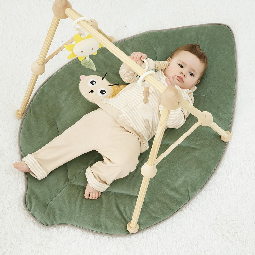 4 IN 1 Blatt Spielbogen Baby, Spielmatte Babies mit Natur Holz Activity Spielbogen, 3 abnehmbaren Sp
