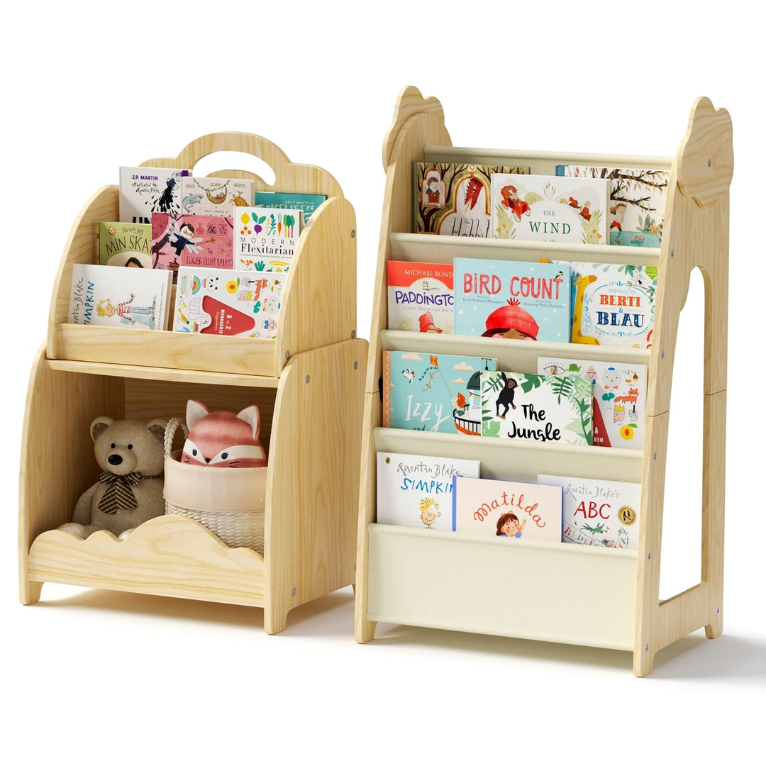 3-in-1 Kinderregal, Holz Kinder Bücherregal mit Spielzeugregal & Hängetasche & Offenem Fach, Tragbar