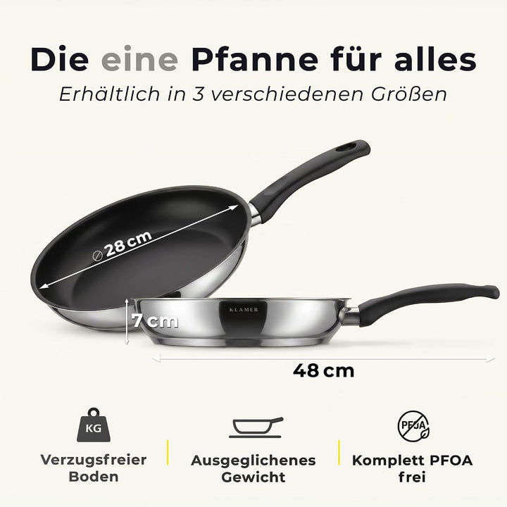 KLAMER Pfannenset Induktion (20 + 28 cm), hochwertige Profi Edelstahlpfanne antihaftbeschichtet mit