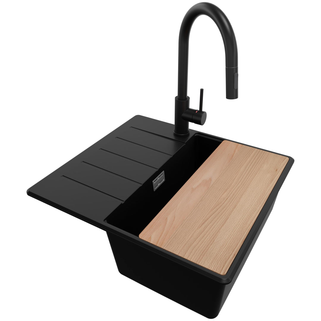 Granitspüle Schwarz 55x50cm, Spülbecken 1 Becken + Ablauf-Set + Küchenarmatur + Schneidebrett, Küche