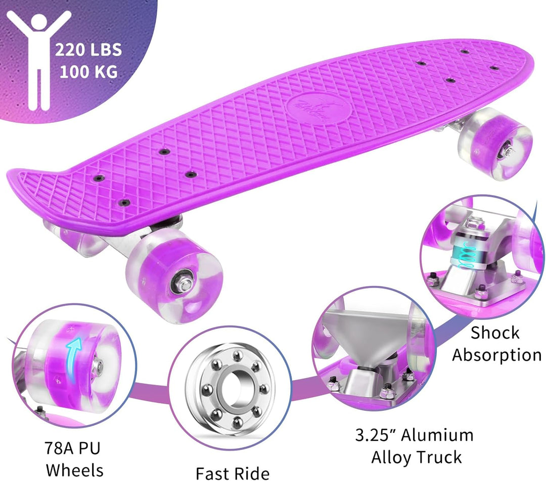 BELEEV Skateboard Komplette 22 Zoll Mini Cruiser Skateboard für Kinder Jugendliche Erwachsene, LED L