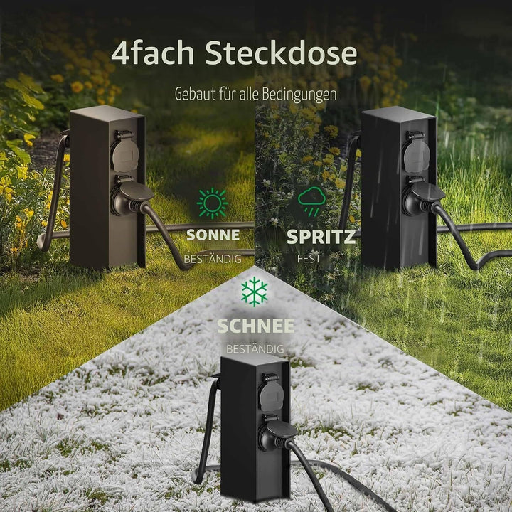 Ledvion - Aussensteckdose mit Pfahl, 4 Steckdosen, Wasserdicht IP44, 3 Jahre Garantie 23 Schwarz, 23